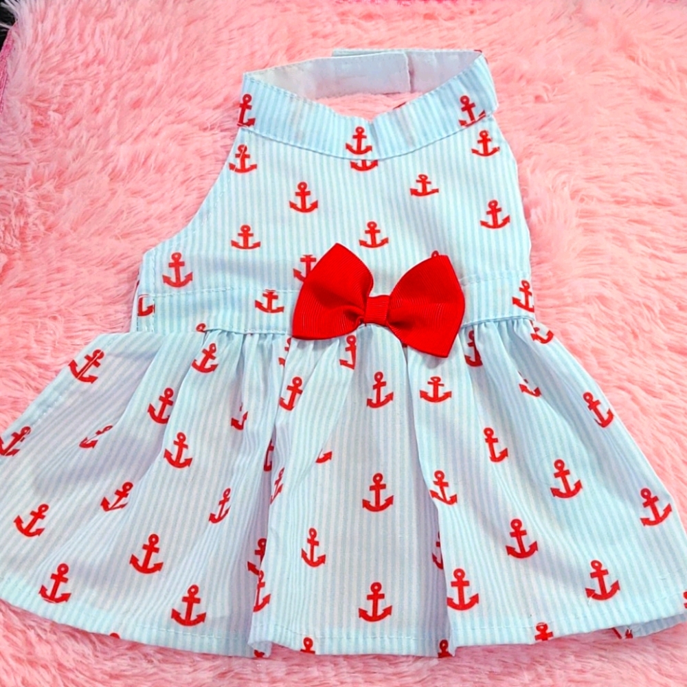 Nautical Red Anchor Dog Dress with Bow